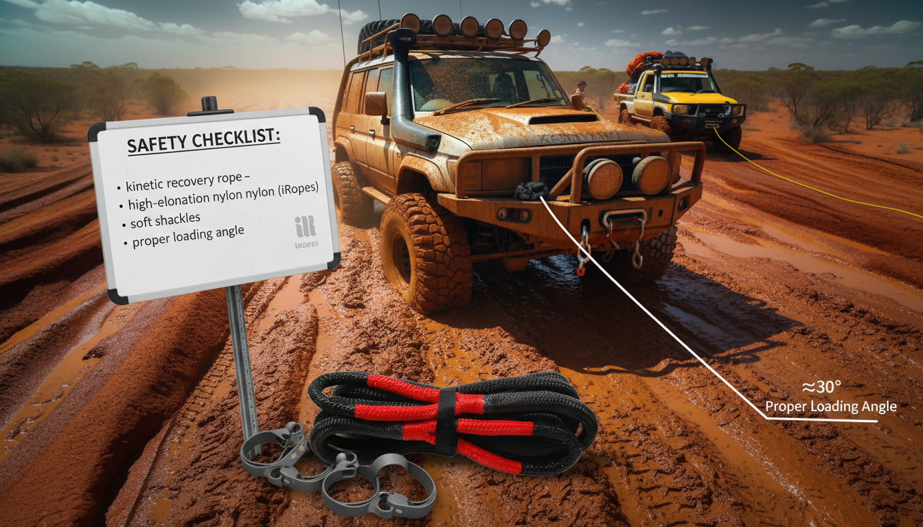 Safety checklist illustration showing a kinetic recovery rope, soft shackles, and proper loading angle on a muddy trail