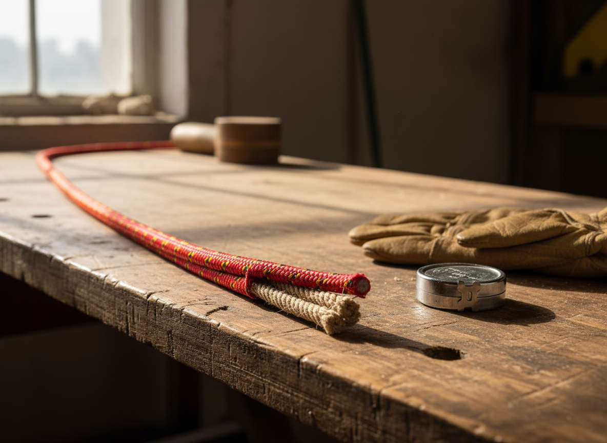 Close‑up of a double‑braided cotton rope showing the braided core and outer cover, with warm natural fibres in a light brown hue