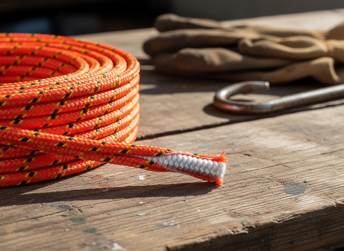 Close‑up of a double‑braided polyester rope, showing its braided core and bright orange outer cover, with a smooth texture that reflects sunlight