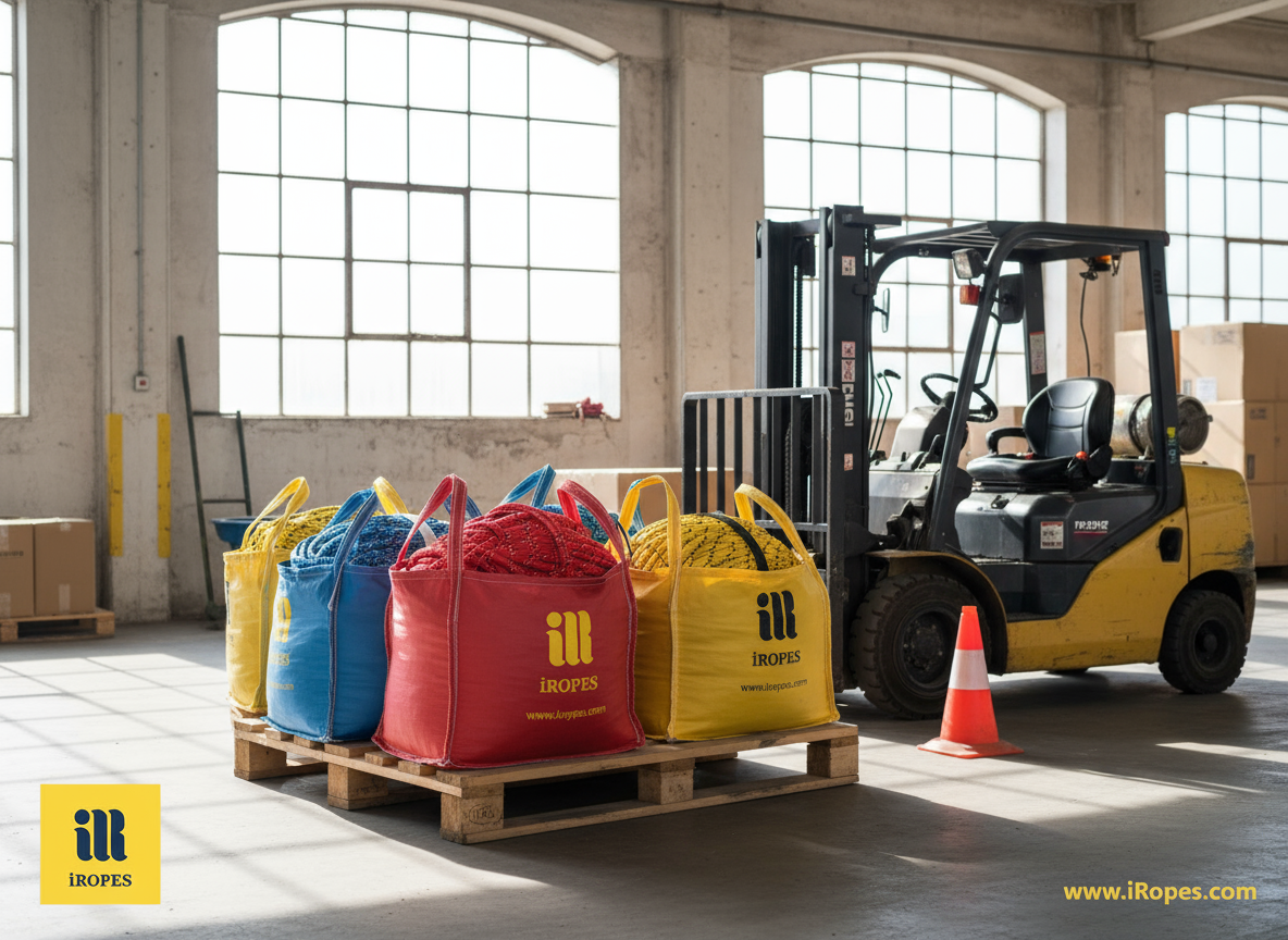 Custom‑ordered double‑braided rope on a pallet, wrapped in colour‑coded branding bags with iRopes logo