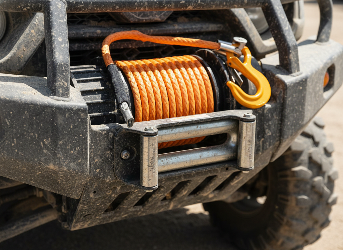 Close‑up of a 3/8‑inch Dyneema Sk‑75 synthetic winch rope coiled on a UTV winch, showing low stretch and bright orange colour