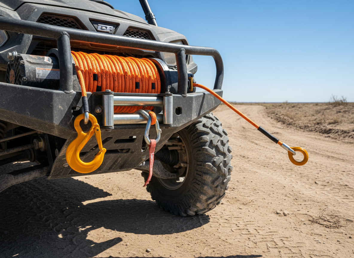 Coiled 3/8‑inch synthetic winch line extension on a UTV winch, showing length markers and splice terminations