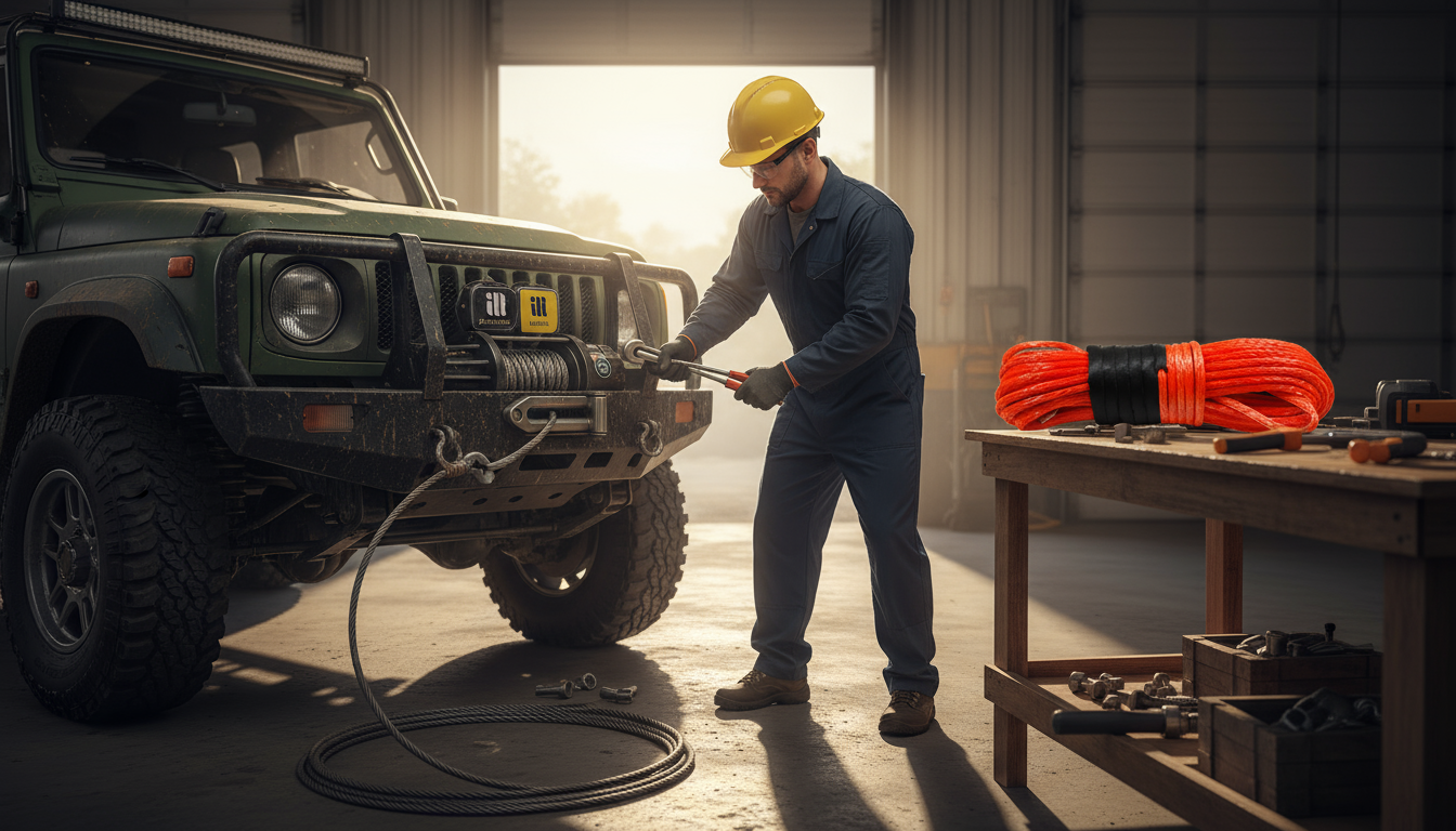 Mechanic swapping a steel winch cable for a nylon kinetic strap on a 4x4 vehicle, showing tools and safety gear