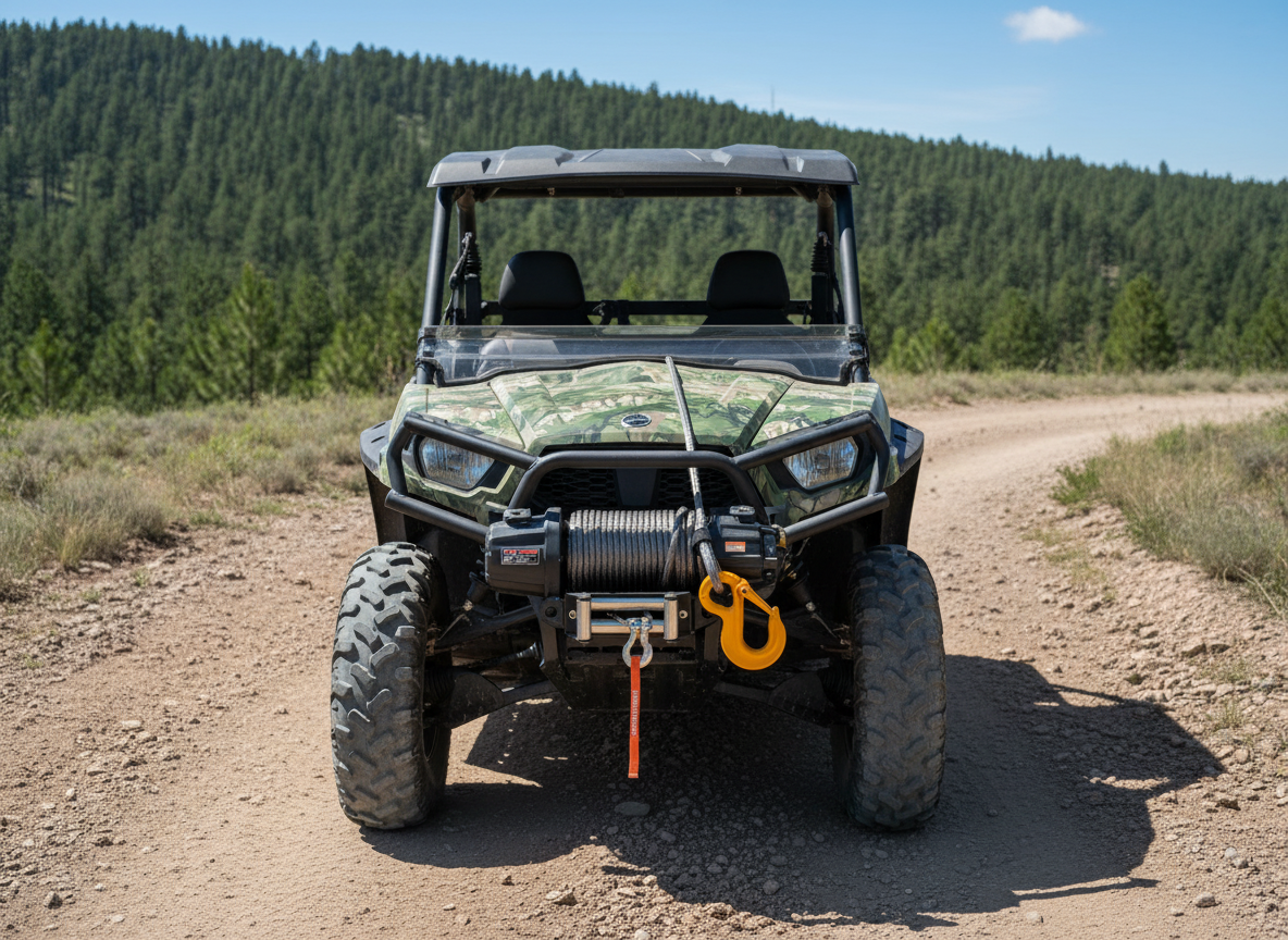 Custom 12‑strand UHMWPE winch rope with dual spliced eyes, wear‑pad sleeves and a hook, coiled on a UTV winch for visual reference