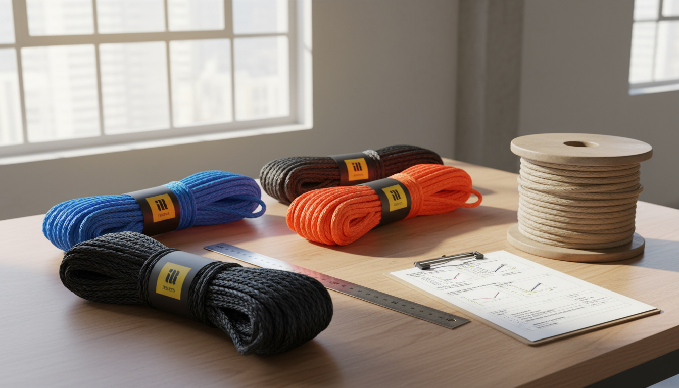 Custom 100% nylon kinetic strap from iRopes laid out on a workshop table, showing colour options and branding tags
