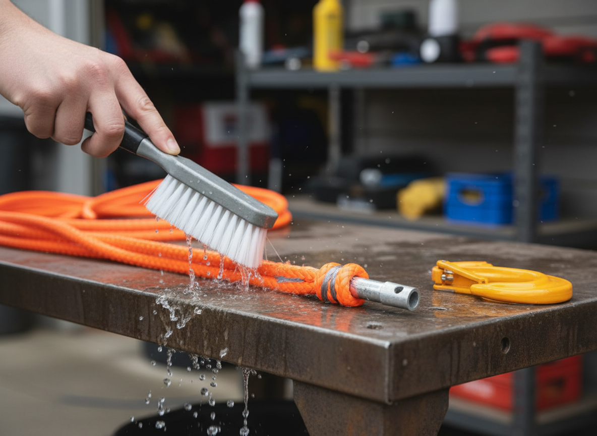 A clean synthetic winch rope being gently rinsed with water and a soft brush, showing the low‑stretch fibres and bright orange colour for easy visibility