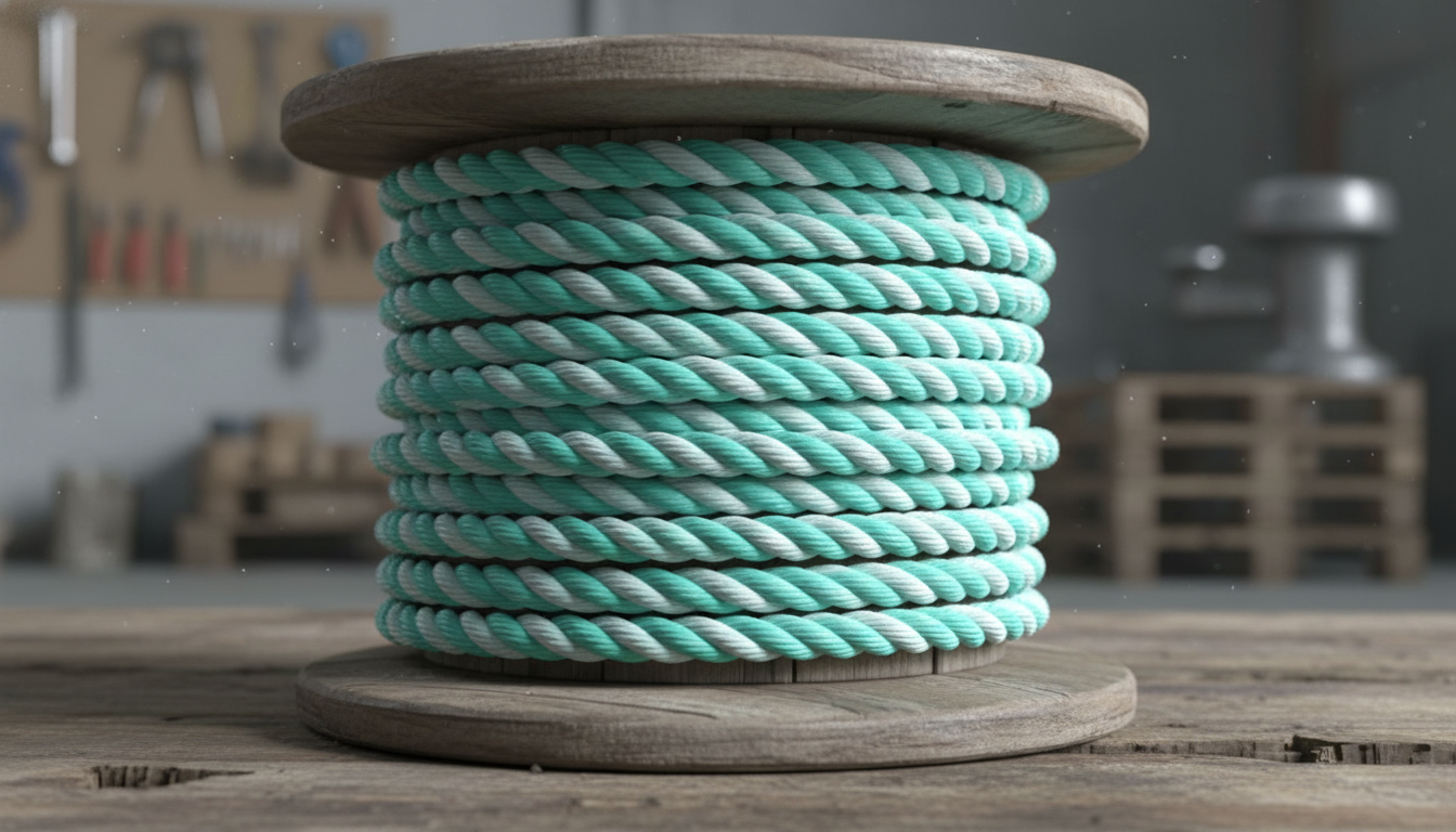 Close-up of a 3‑strand twisted nylon rope spool showing the staged twist and colour coating