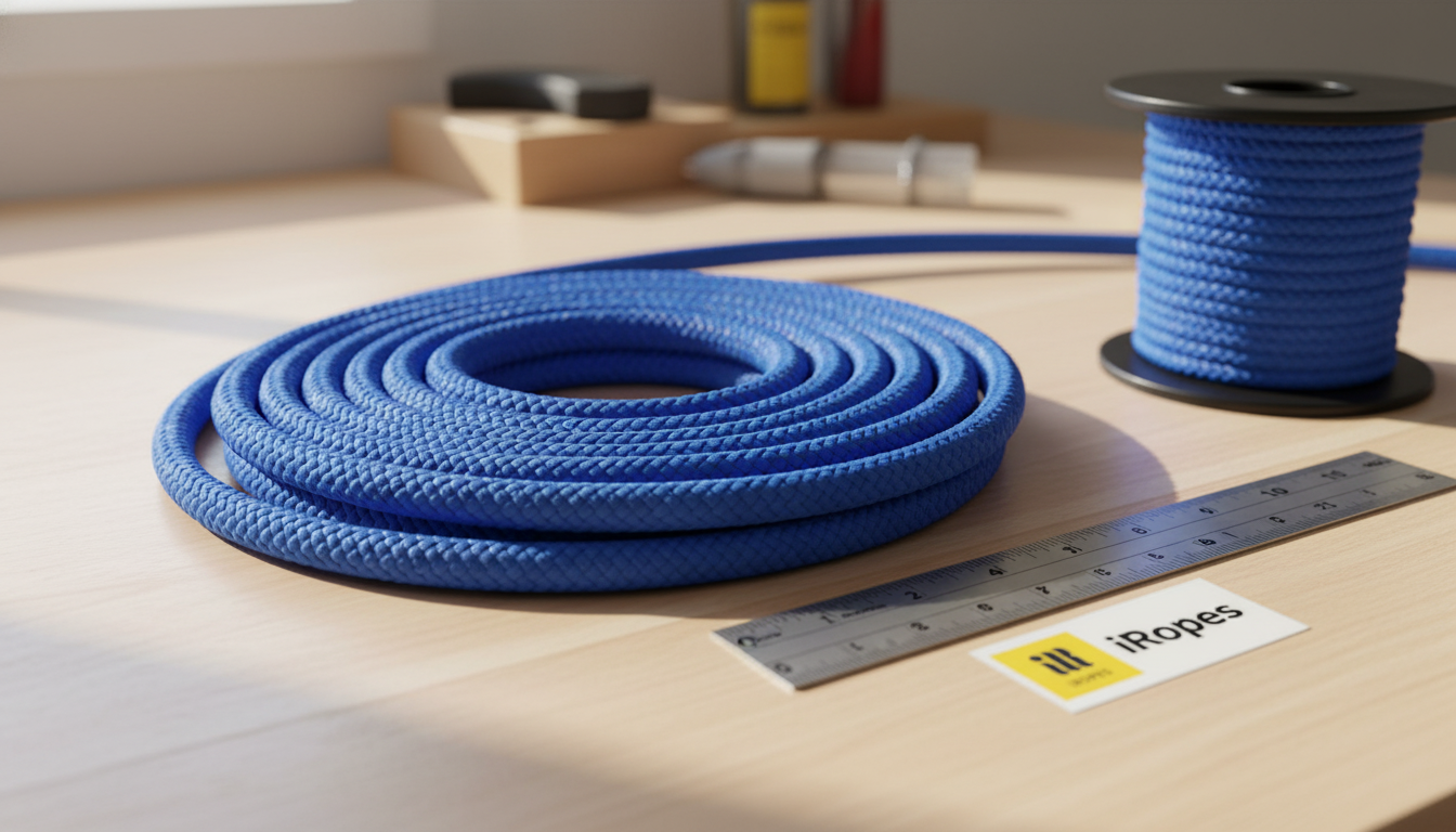 Close-up of vibrant blue poly‑cotton rope coil showing 1/4‑inch diameter, dyed fibres and woven texture