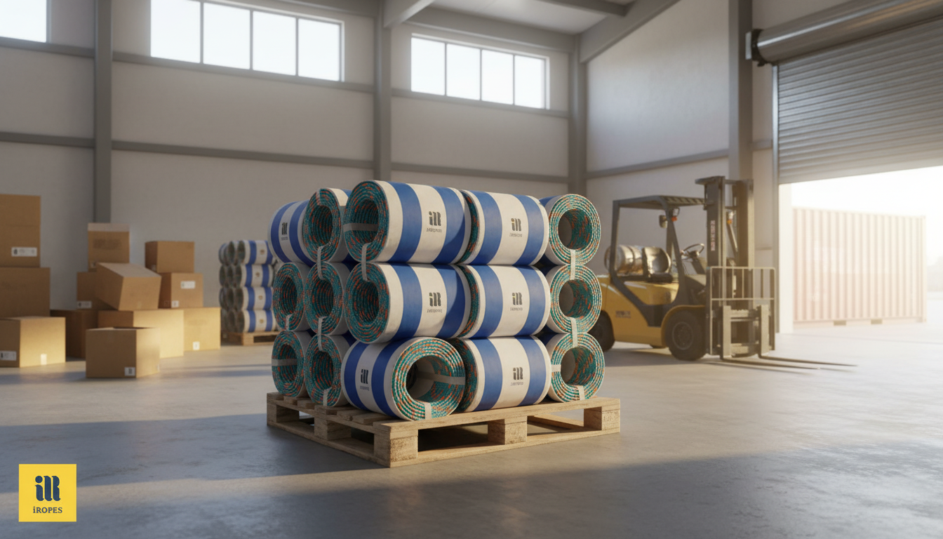 Warehouse pallet loaded with custom‑branded rope coils ready for global shipment