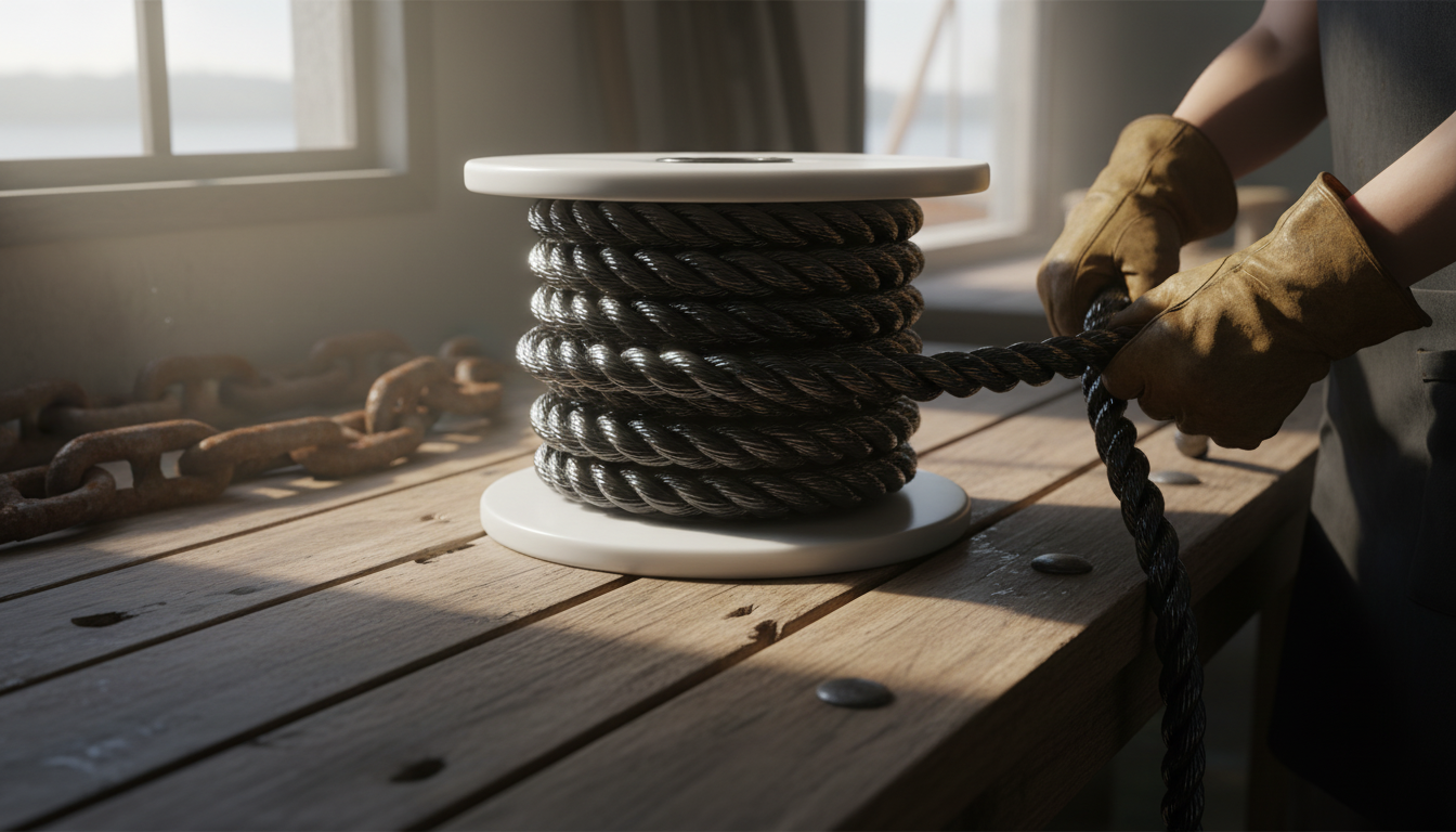 Close‑up of three‑strand nylon twisted twine on a white spool, showing the tight heat‑set twist and glossy black tar coating