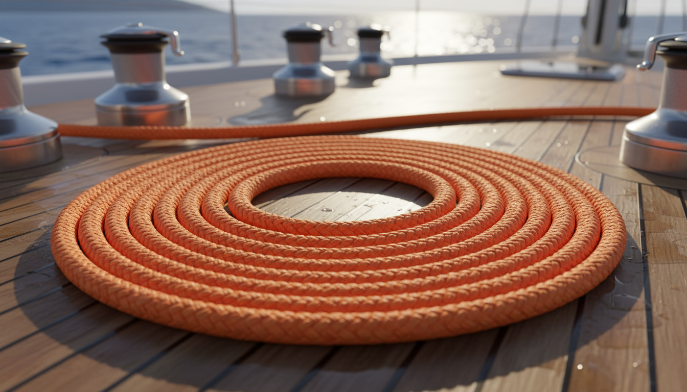 Close‑up of a bright orange braided polyester line coiled on a marine deck, showing the smooth double‑braid texture and UV‑stable colour