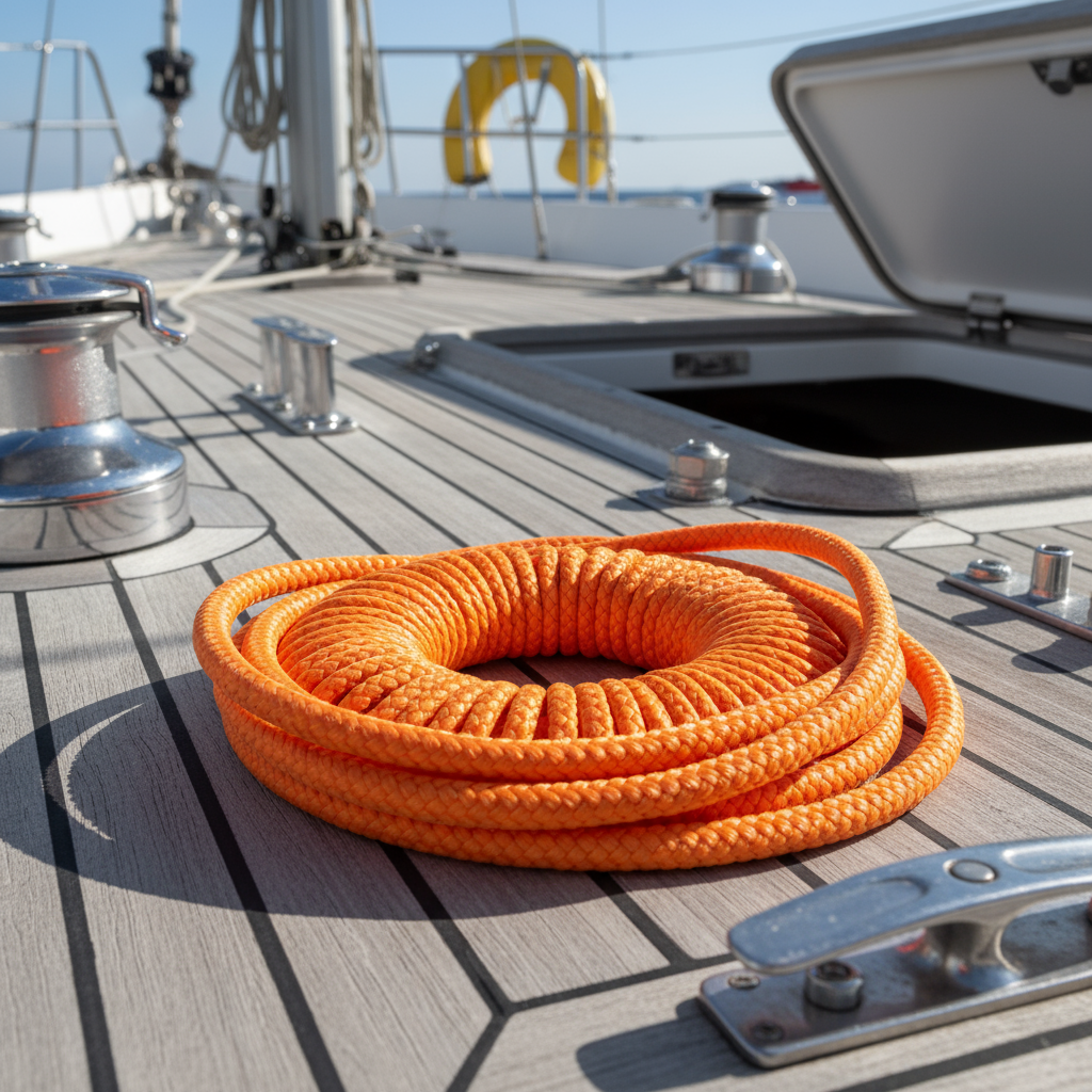 Close‑up of a bright orange braided nylon mason line coiled on a marine deck, showing the tight braid texture and vibrant colour for high visibility