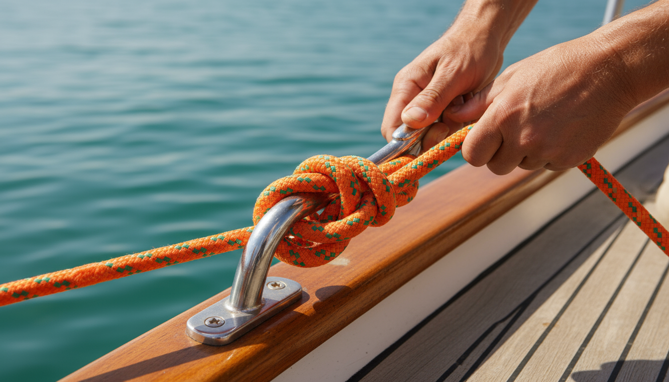 A boat’s anchor rode made from twisted nylon twine, showing the bright orange colour and the tight knot at the shackle