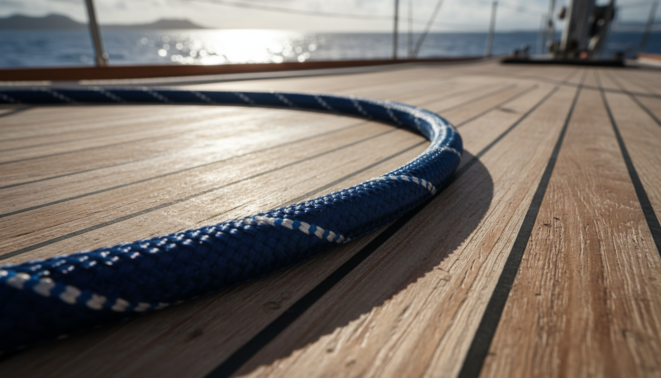Close‑up of a dark‑blue Spectra line rope showing the tight, smooth UHMWPE braid and reflective stitching on a marine deck