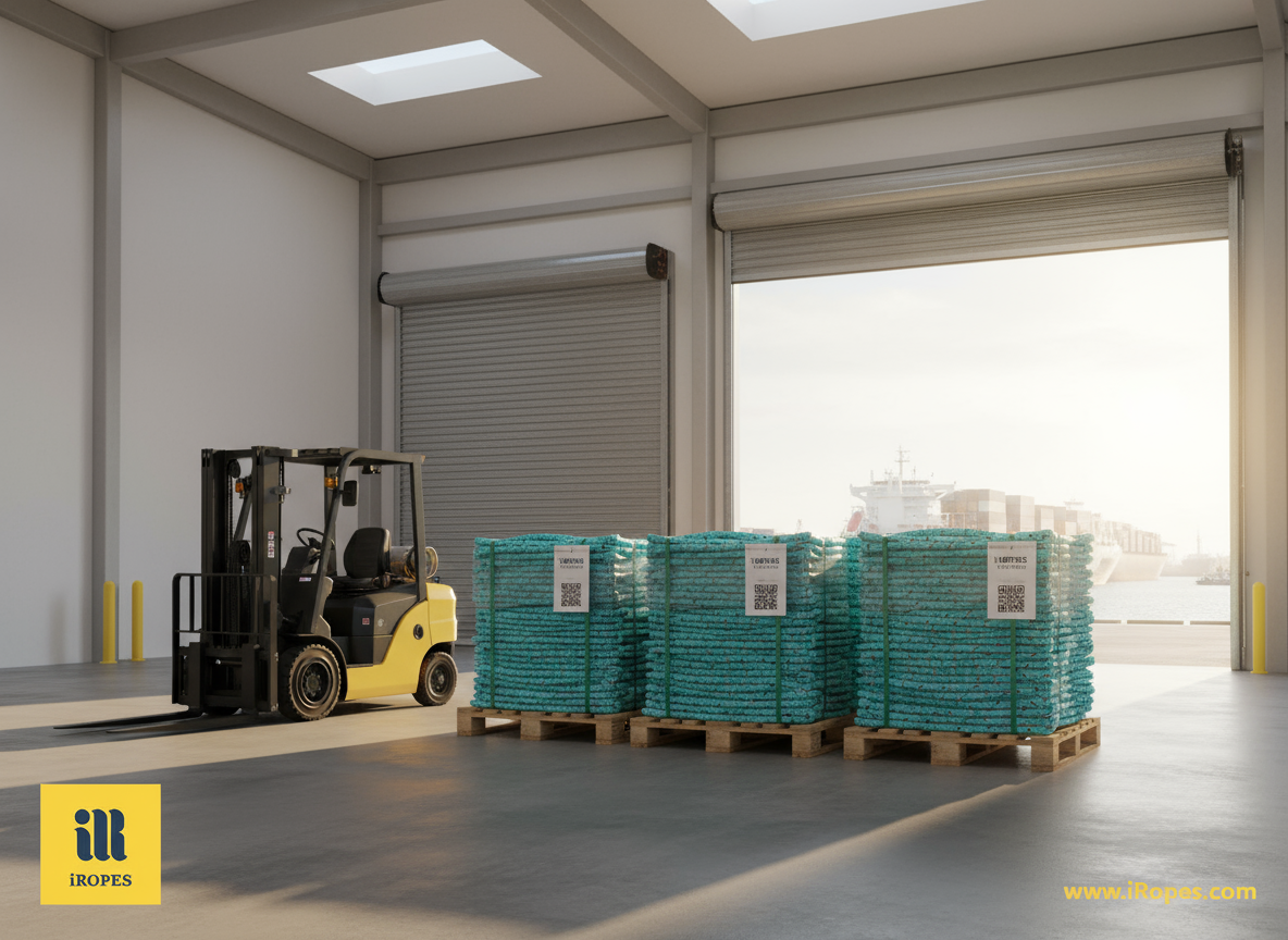 Warehouse pallets of double braid polyester yacht rope ready for global shipment