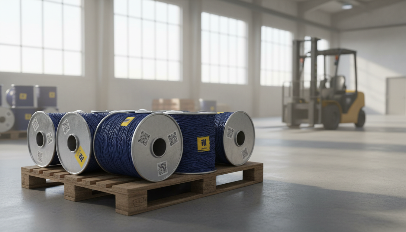 Custom spooled nylon twisted twine with branded colour labels and QR code tags on a pallet ready for shipment