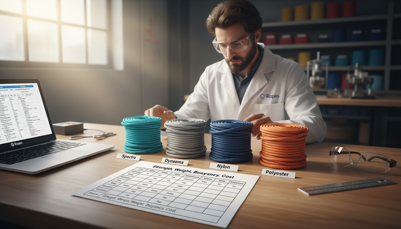 Comparison chart of Spectra, Dyneema, Nylon and Polyester shock cords highlighting strength, weight, buoyancy and cost