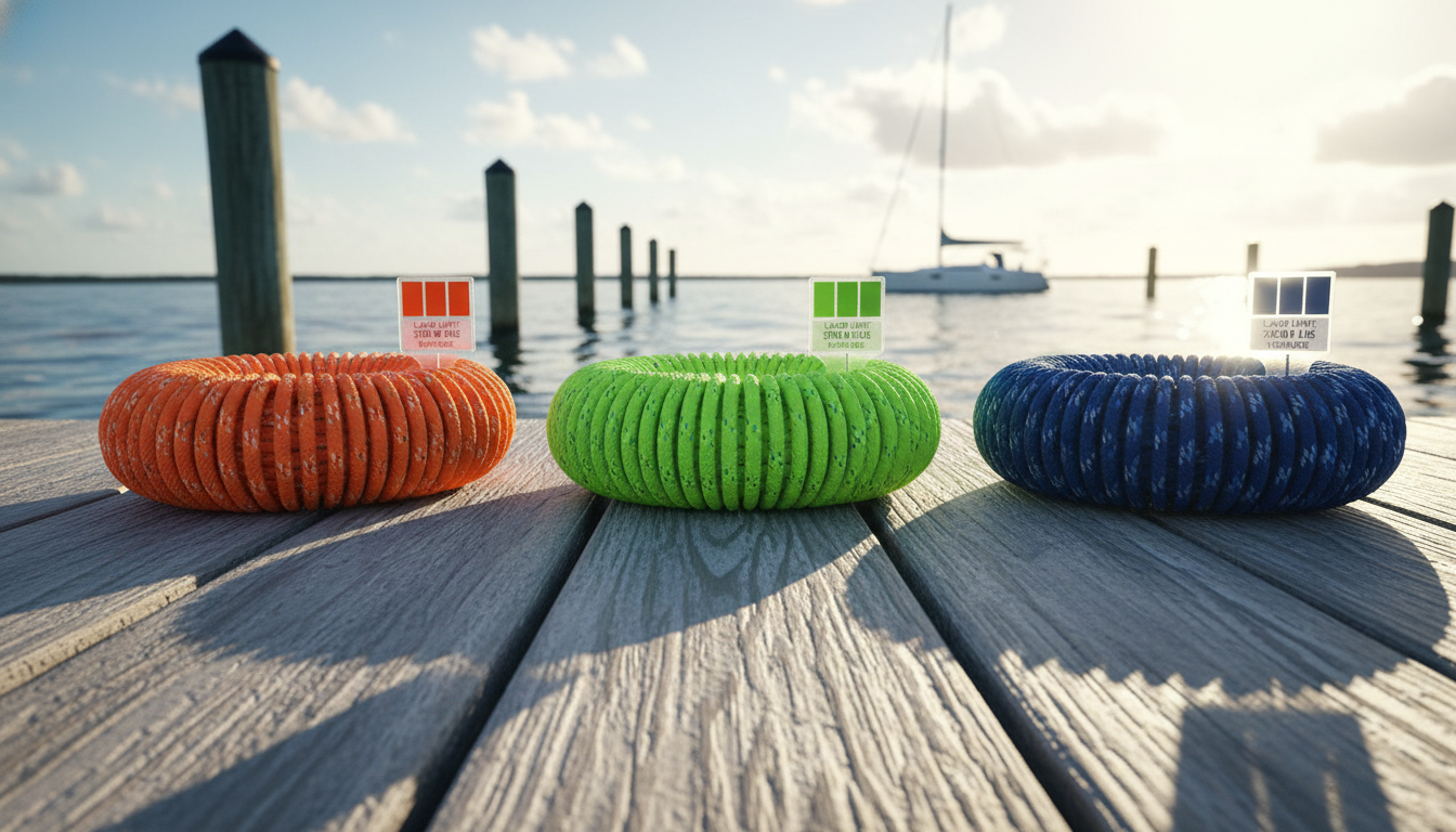 Three coiled marine ropes – orange polyester, neon nylon, and dark blue Spectra – displayed on a dock with colour swatches and load‑rating tags
