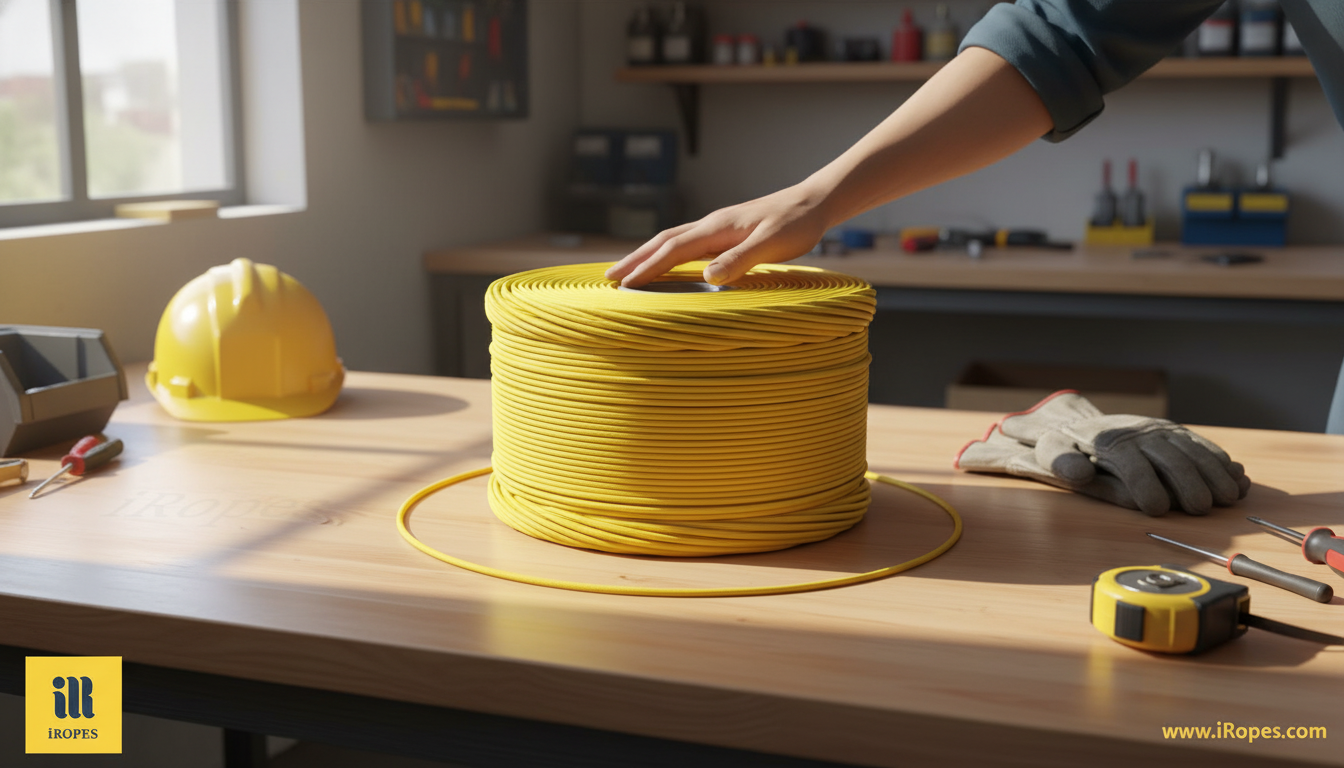 Polypropylene hollow core rope coil showing bright yellow colour and smooth surface