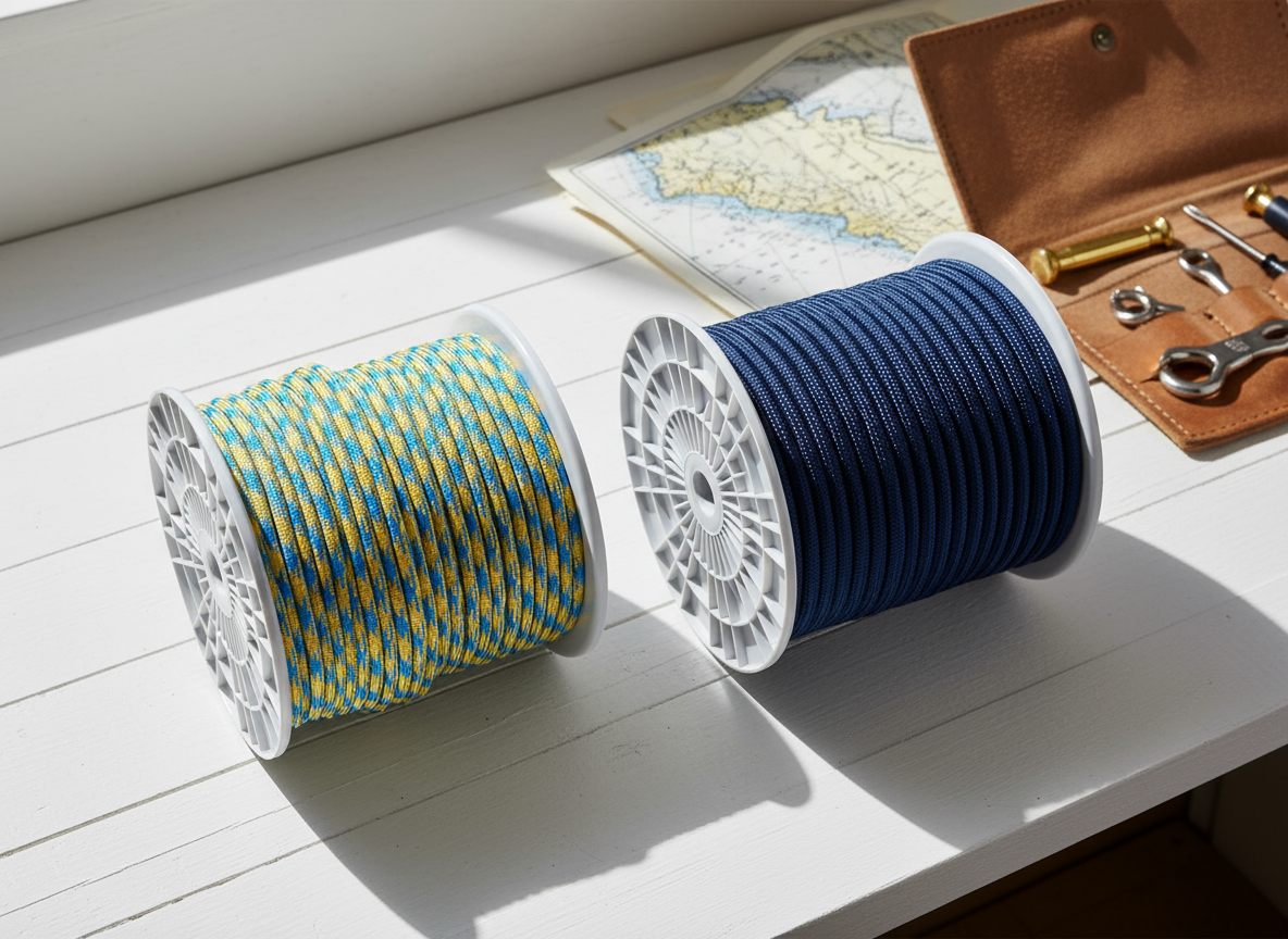 Side‑by‑side view of a 6 mm and a 10 mm double‑braid polyester rope on white reels, showing colour options and the subtle thickness difference that influences handling