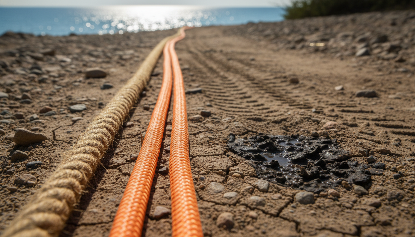 Close-up of natural horsehair rope alongside a bright orange nylon recovery rope on a rugged off‑road trail