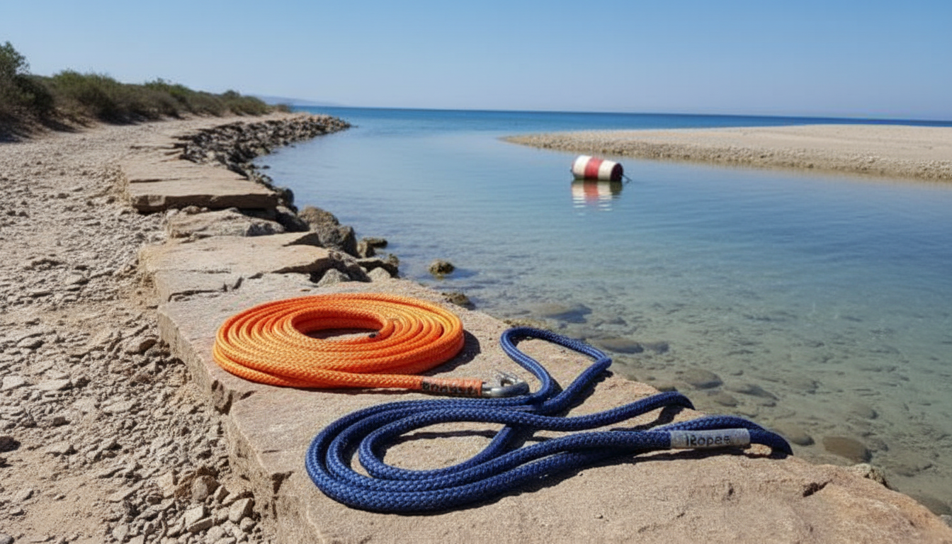 A bright orange HDPE recovery rope coiled beside a navy‑blue polyester tow line on a rocky off‑road trail, with a marine buoy floating in the background