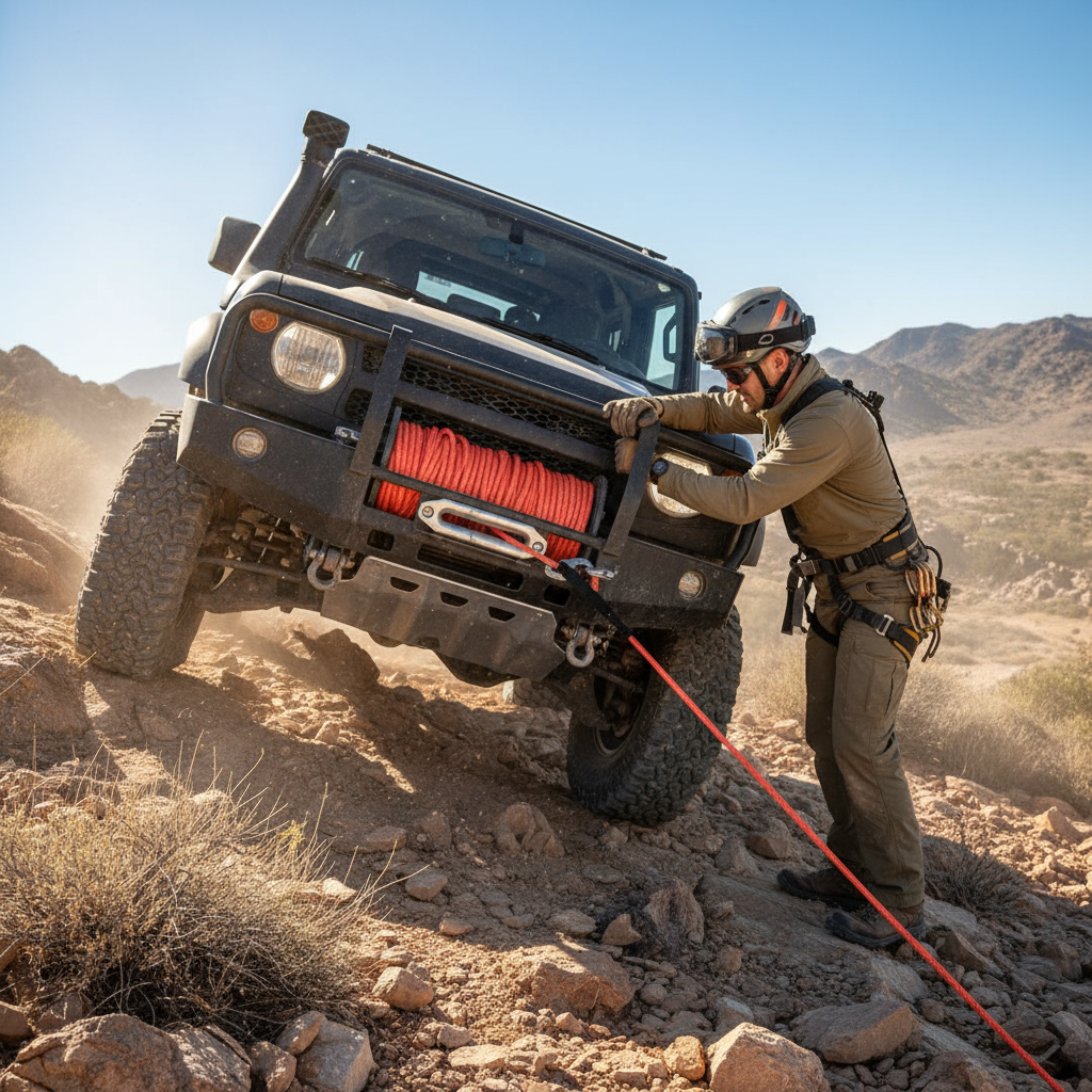 Red winch rope coiled on a rugged winch drum, dust swirling around the bright line as a 4‑WD vehicle prepares to climb a rocky slope