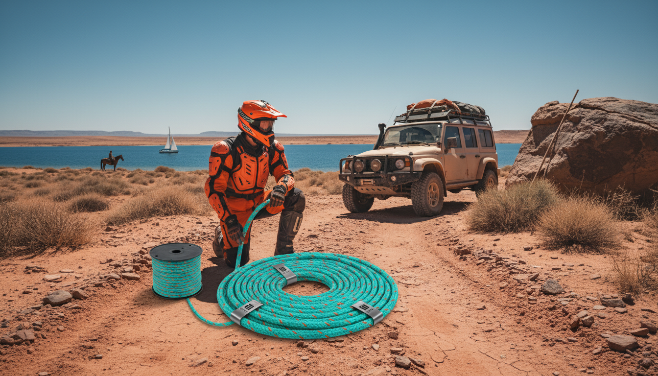 Custom-coloured HDPE recovery rope coiled with branding tags on a desert trail, showing orange jacket and company logo