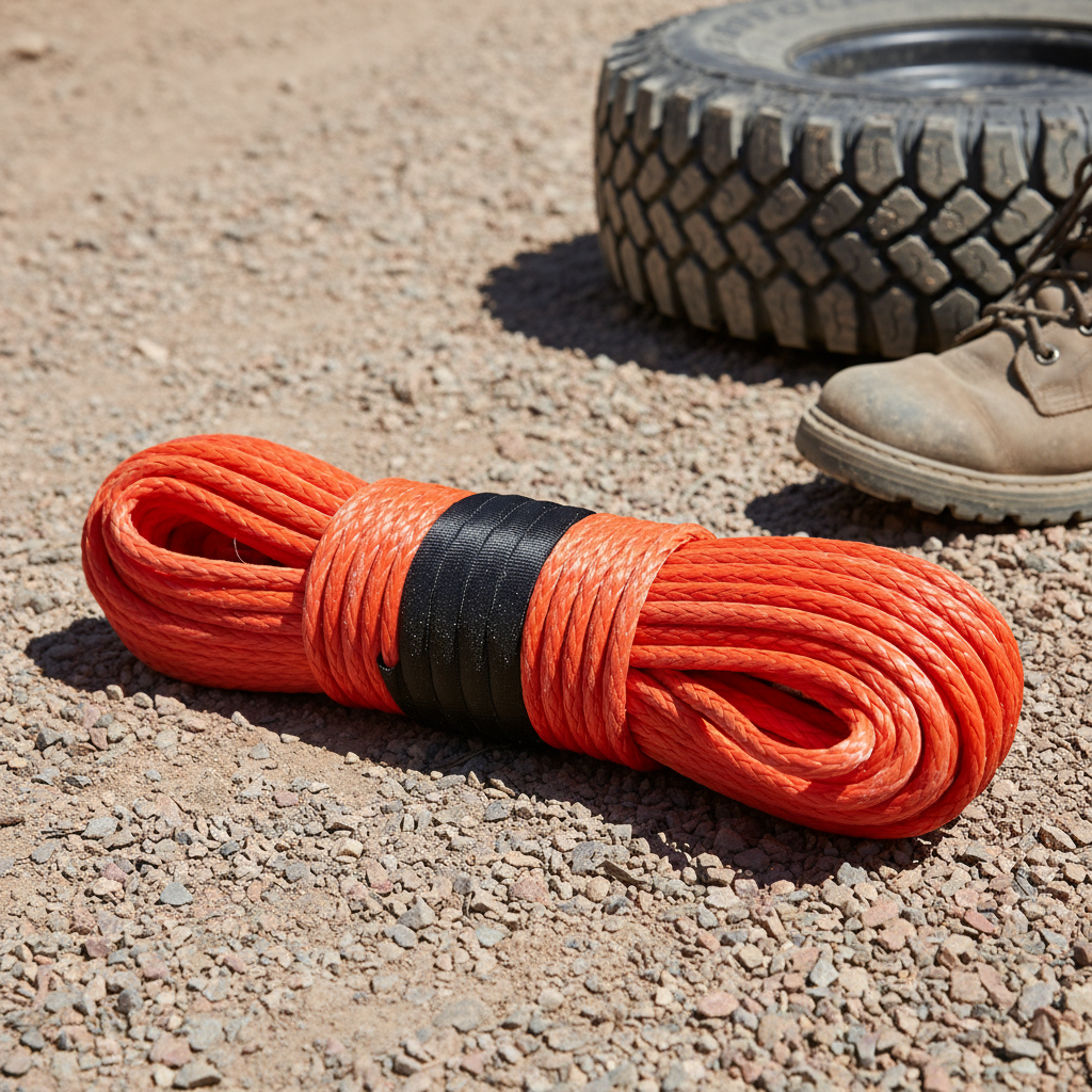 Close‑up of a red nylon rope coiled on a sun‑baked trail, showing its smooth sheath and reinforced strands resisting abrasion