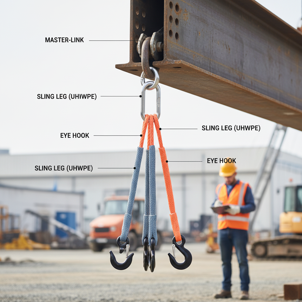 Diagram showing a four‑leg wire‑rope sling with labelled master‑link, eye hooks and equal‑length legs, set against a steel‑girder background