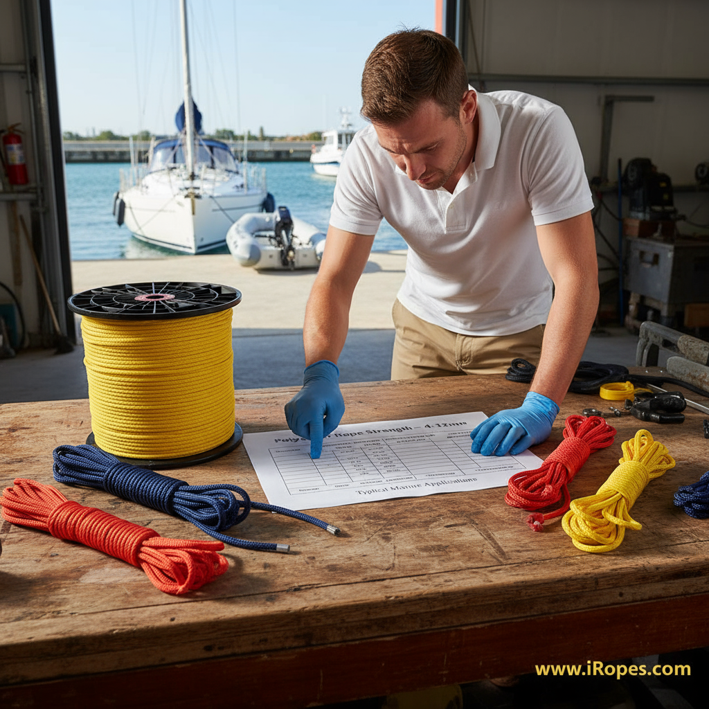 Sample polyester rope strength chart showing diameter, breaking strength, working load and typical marine applications for 4‑12 mm lines