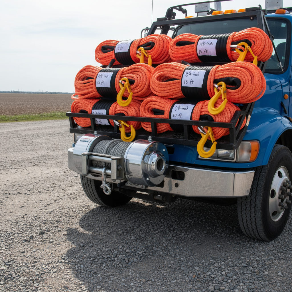 Coiled four-wheeler winch rope on a recovery truck, showing 3/8‑inch to 1‑inch diameters, lengths from 15 to 30 ft, with a steel winch drum in the background
