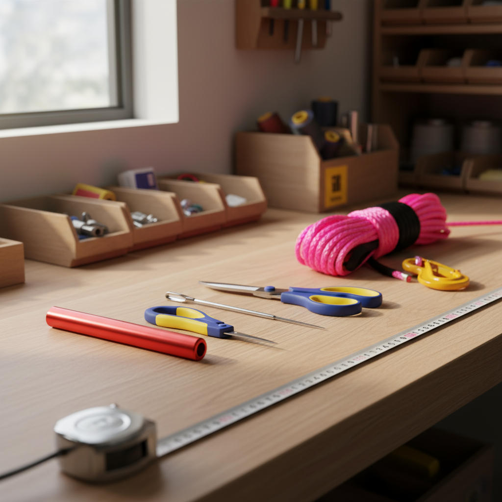 iRopes custom splicing kit displayed with fid, needle, and Dyneema scissors on a wooden workbench, colour‑coded for easy identification
