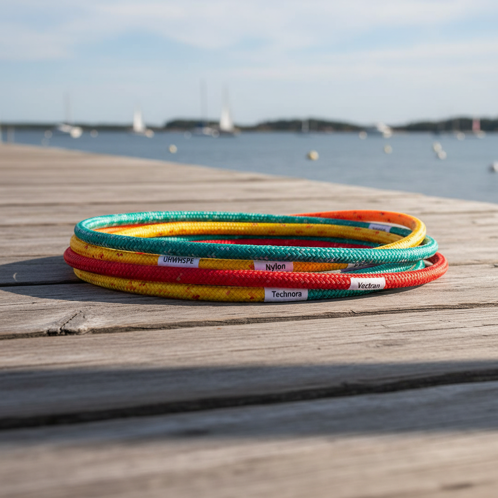 Close-up of a multi‑coloured synthetic rope sling laid on a dock, showing the braided construction and labelled fibre types