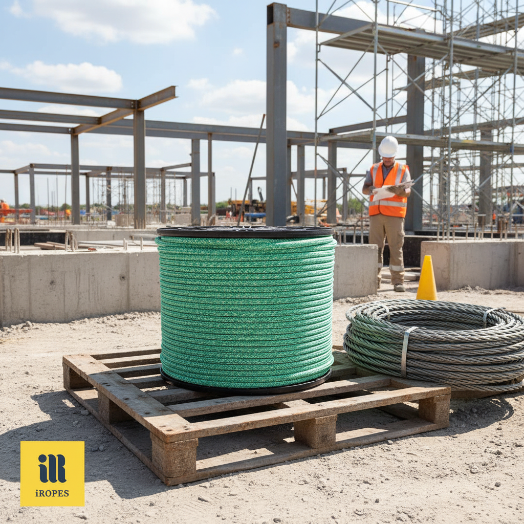 Stainless steel wire‑rope sling coiled on a construction site, showing the robust steel links and chain pattern