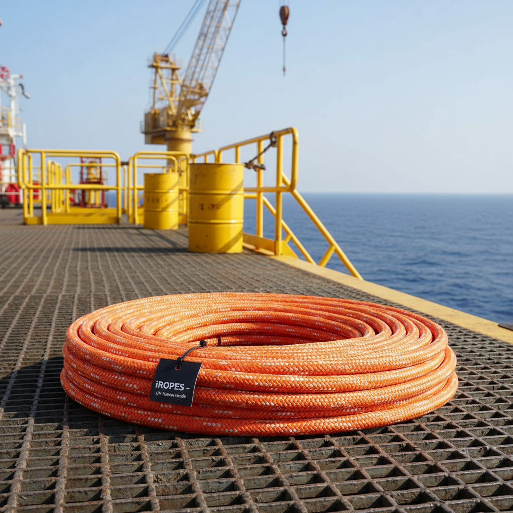 Synthetic marine rope coiled on an offshore platform deck, showing UV‑stabilised coating and bright orange colour for visibility