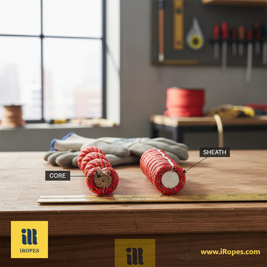 Cross‑section comparison showing a twisted multi strand rope on the left and an eight‑strand braided multi plait rope on the right, with labelled cores and outer sheaths