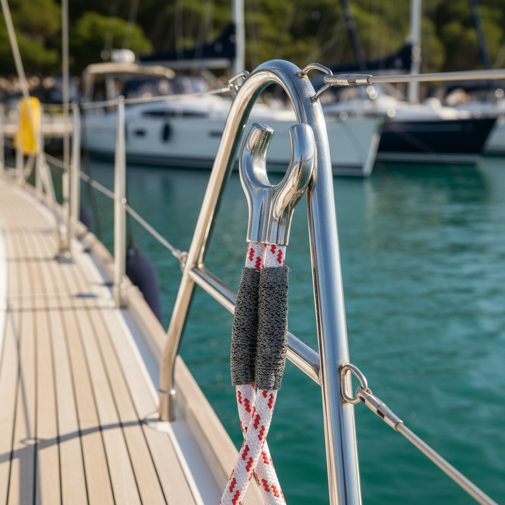 double mooring pendant installed on a sailing yacht, showing Y‑shaped design with stainless steel thimble and chafe guard