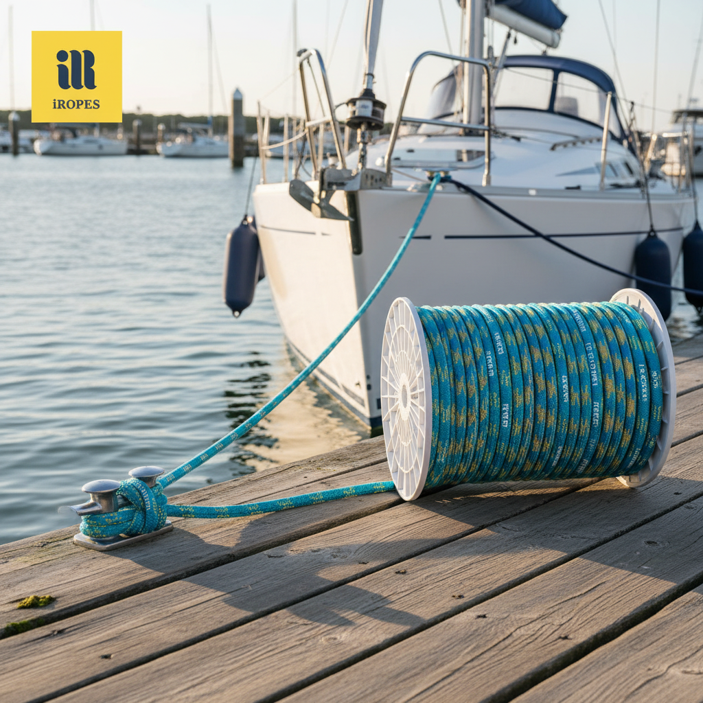 Custom‑coloured marine mooring rope with company logo printed on the sheath, displayed on a dock beside a sailing yacht