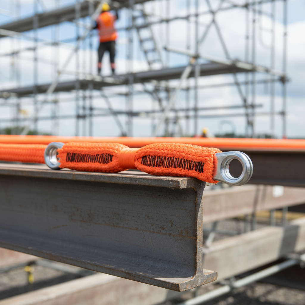 Close‑up of iRopes UHMWPE sling stretched across a steel beam, showing bright orange colour and reinforced eye terminations