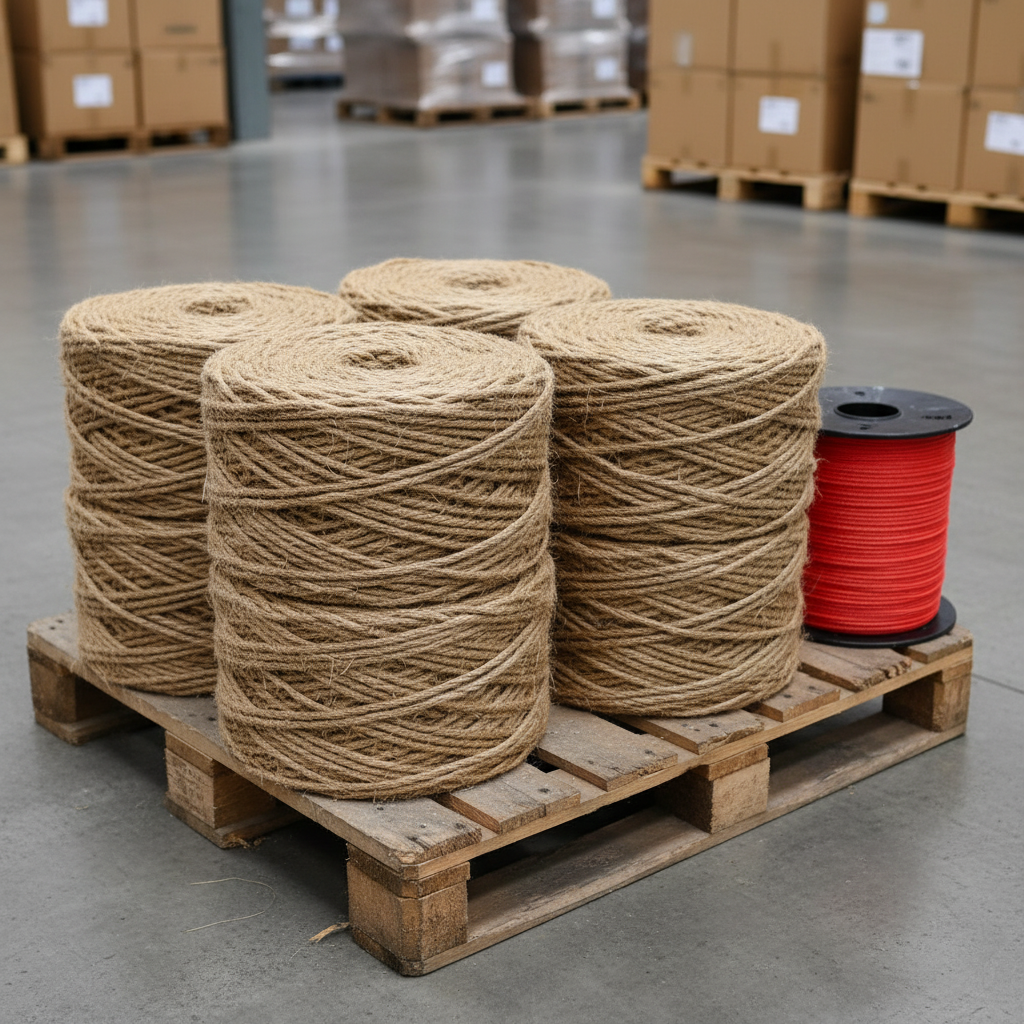 Close-up of natural jute rope coils on a warehouse pallet, showing texture and colour, illustrating high‑quality jute rope suppliers