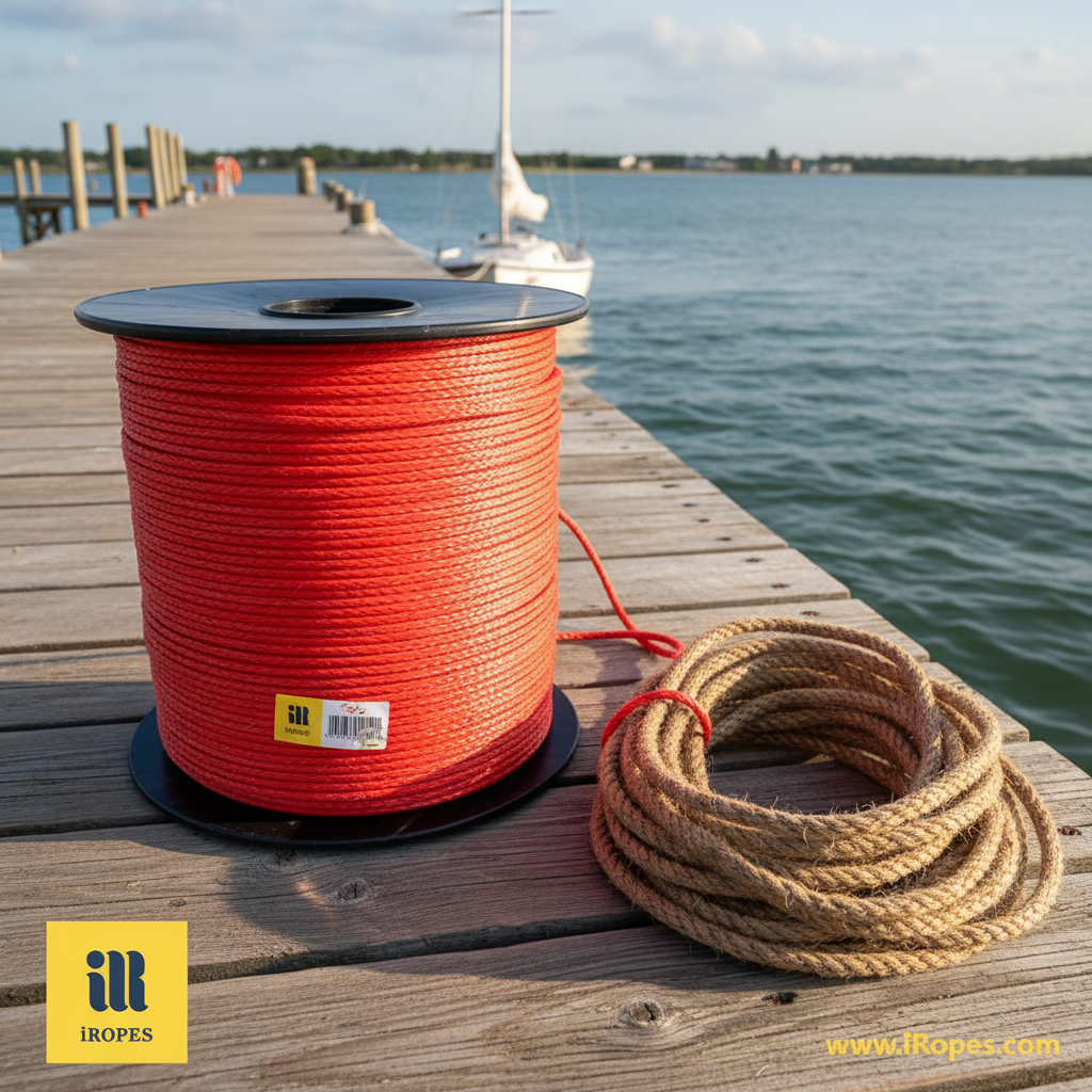 Coiled jute hemp rope on a wooden dock, showcasing natural fibre texture and brown colour, ideal for light‑duty marine applications
