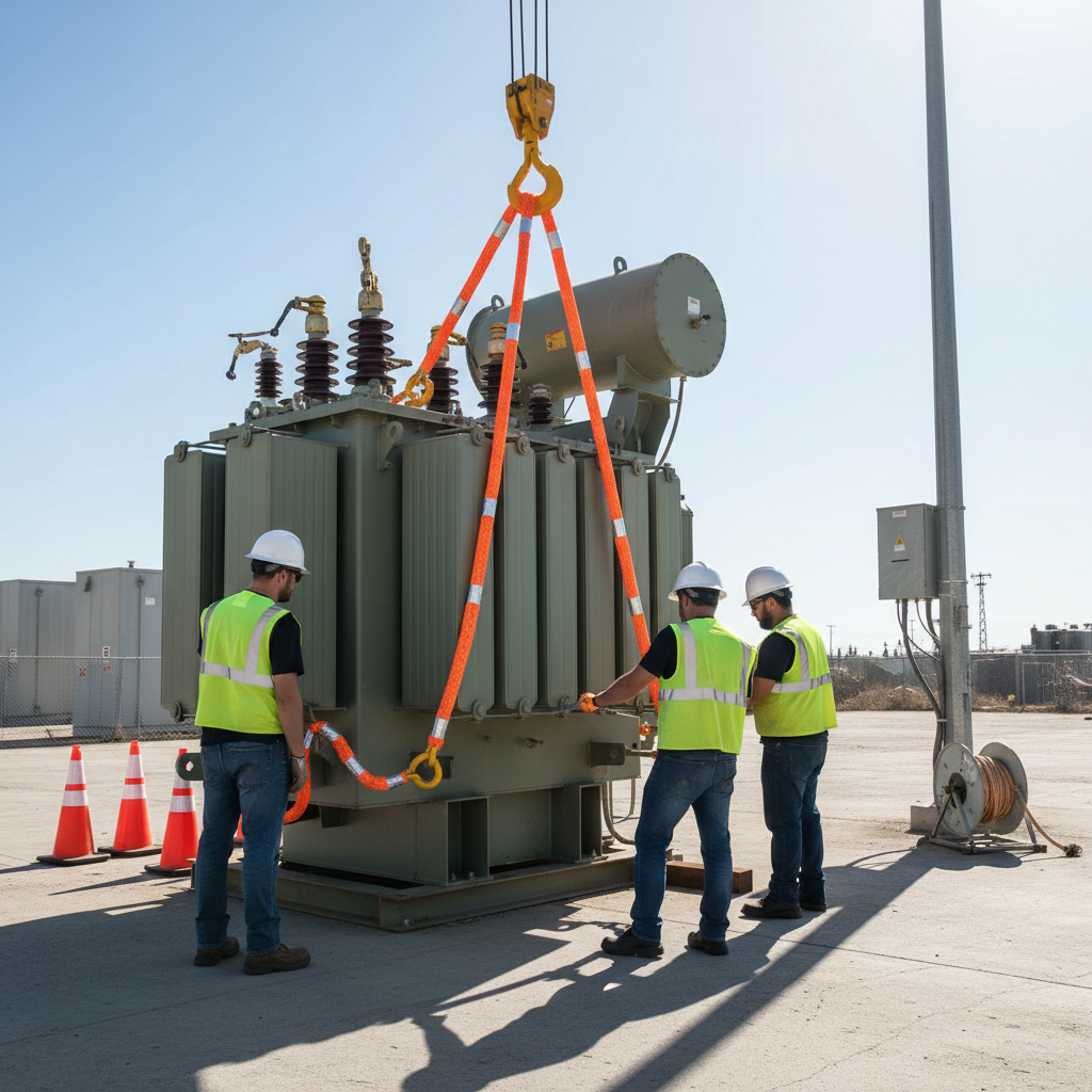 A crew attaches a 4‑leg transformer sling with bright orange and reflective tape to a large power transformer in an outdoor yard