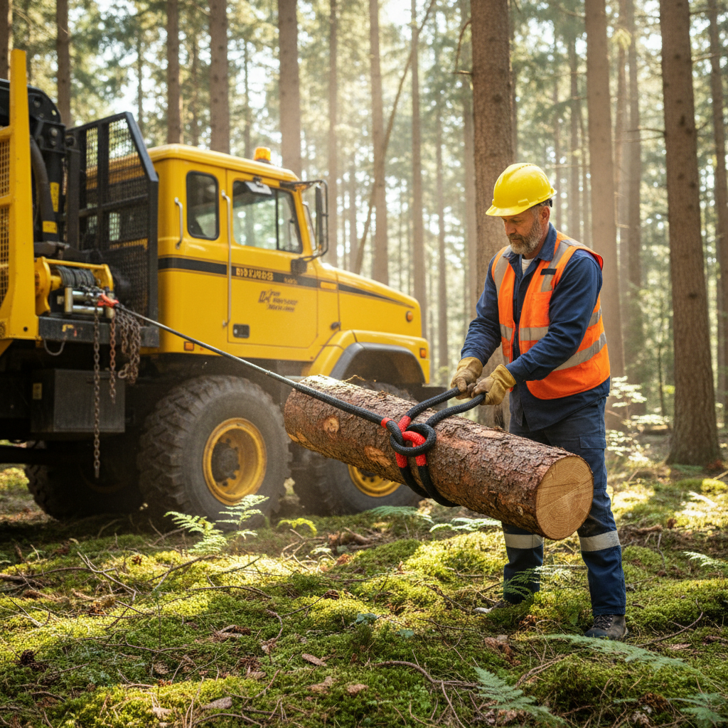 Adjustable transformer sling showing double‑ended rope with adjustable eye and lock‑up knot in a logging environment