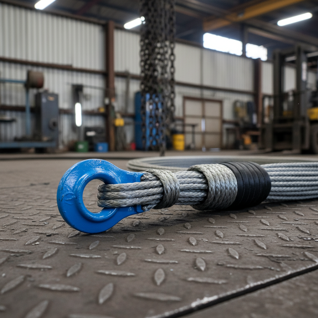 Close‑up of a steel wire‑rope lifting sling with grey steel strands and a blue eye fitting, displayed against an industrial background