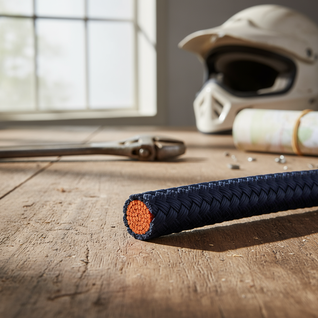 Close‑up of a double‑braided rope cross‑section, showing a bright‑orange HMPE core encased by a dark polyester braid, with visible strands and protective outer layer