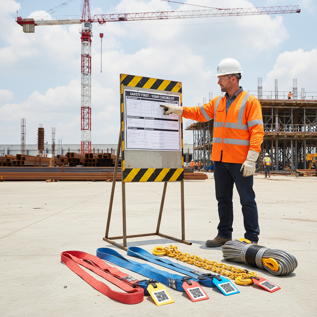 Engineered safety checklist displayed on a construction site with coloured slings and inspection tags