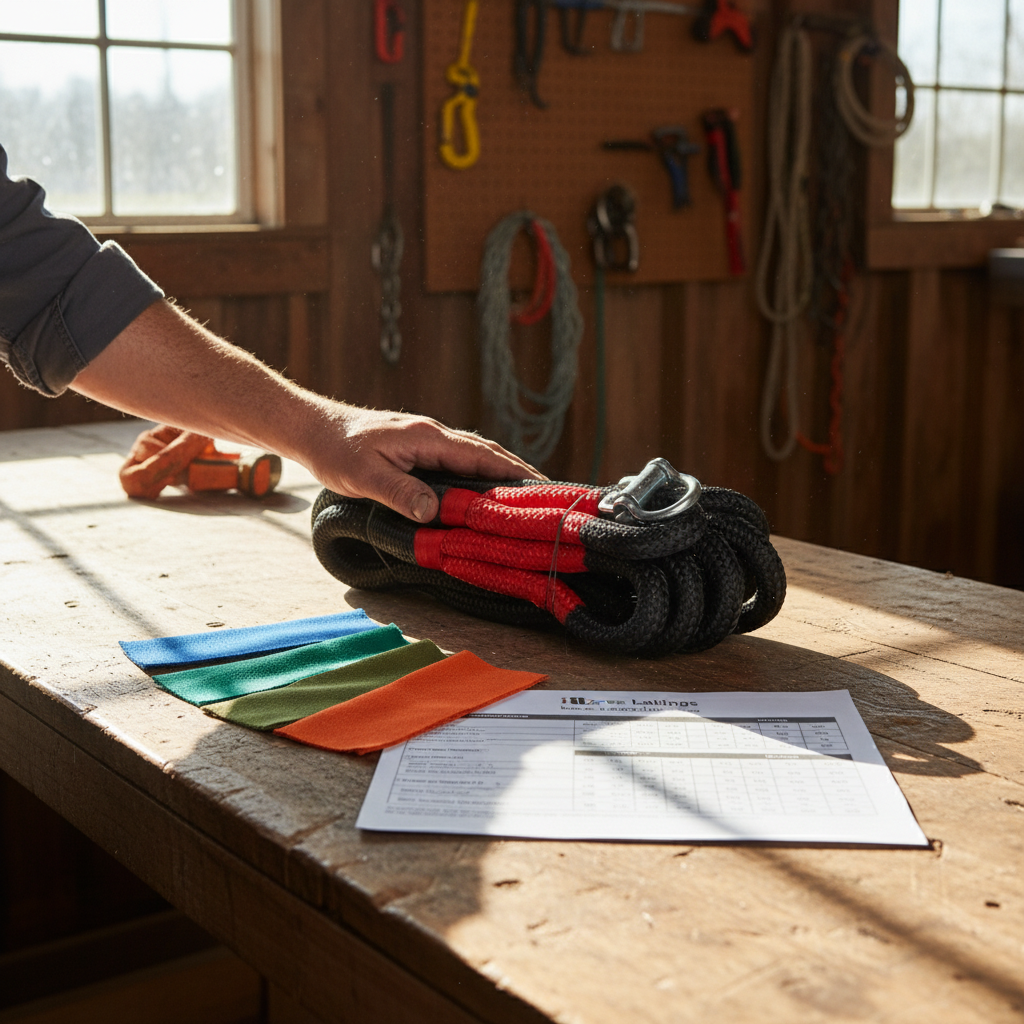 Custom adjustable sling laid out with colour swatches, diameter chart, and spec sheet for logging and agricultural use