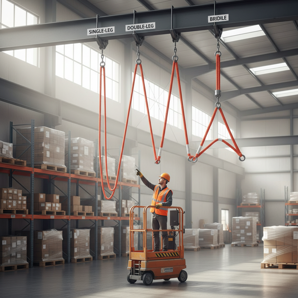 UHMWPE sling configurations showing single‑leg, double‑leg and bridle layouts in a warehouse