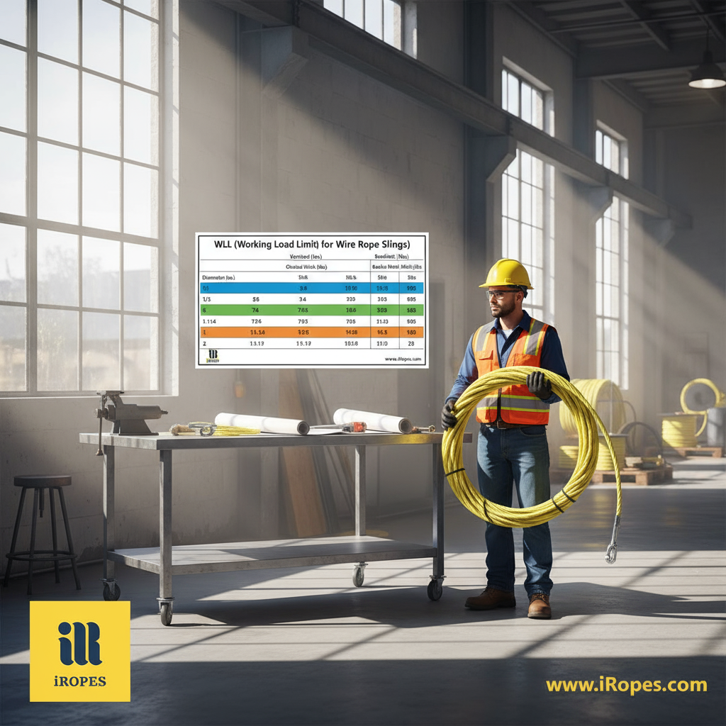 Capacity chart showing wire rope sling WLL for ½‑inch to 2‑inch diameters across vertical, choker and basket hitches